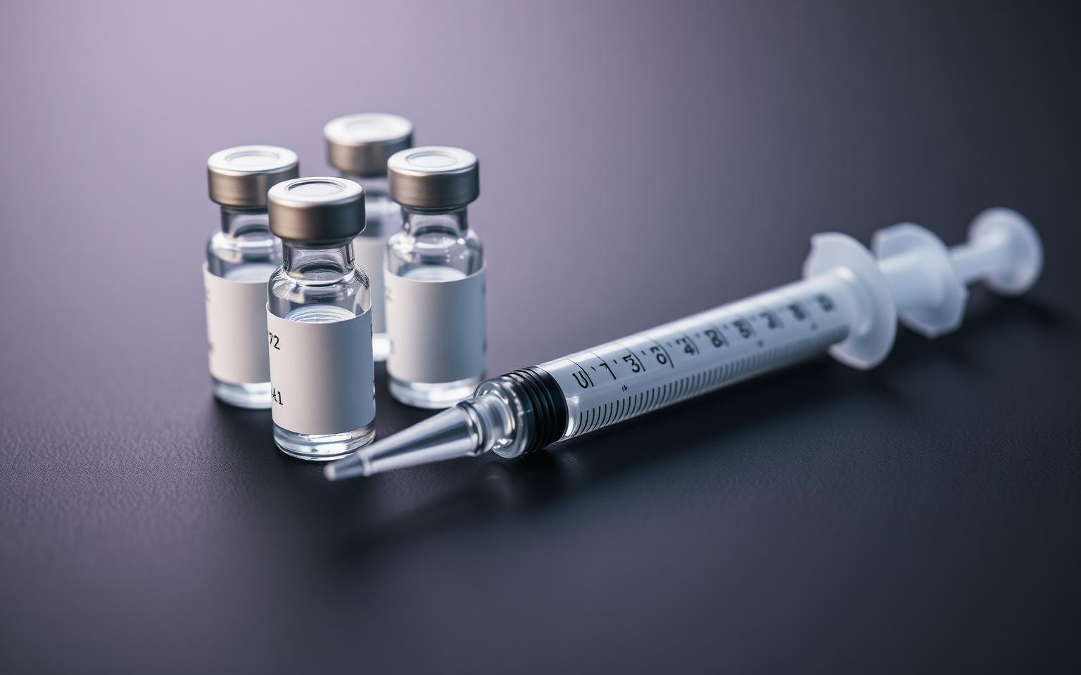 Frascos de medicação injetável e seringa sobre superfície clínica escura